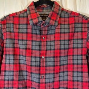 BANANA REPUBLIC Men's Small Red Gray Plaid lightweight flannel button up shirt